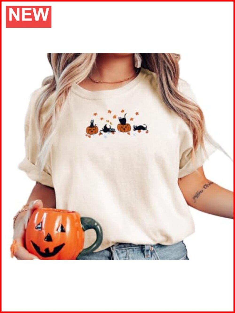 Embroidered Pumpkin Halloween Fall Tee Short Sleeve Crew Neck
